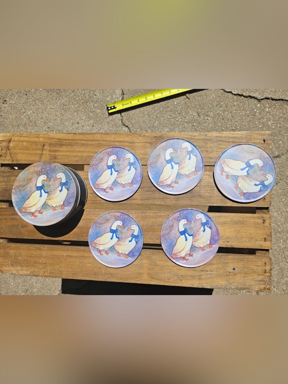 Vintage Geese with Blue Ribbon Coaster Set of 5 w/ Matching Tin